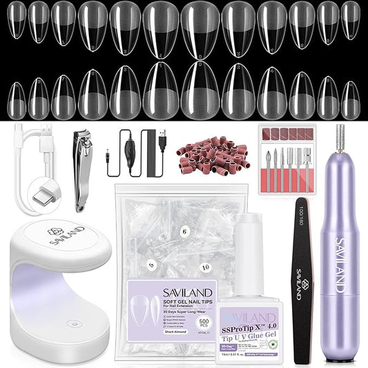 SAVILAND Pro Gel Nail Kit with Drill: Short Almond Tips 12 Sizes Gel Nail X Kit 500 PCS Strong Nail Glue U V Nail Lamp for Nail Extension Salon DIY Home Gift for Women