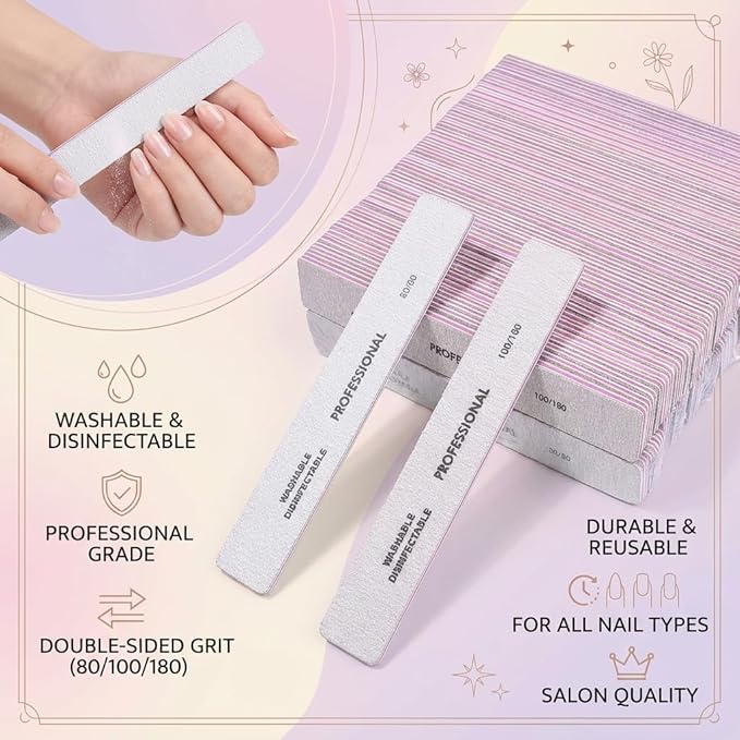 Klimonla 25PCS Professional Rectangular Emery Board Nail Files, 100/180 Grit Dual-Sided Buffer, Reusable Nail Filing Tools for Natural & Acrylic Nails, Home & Salon Manicure Supplies