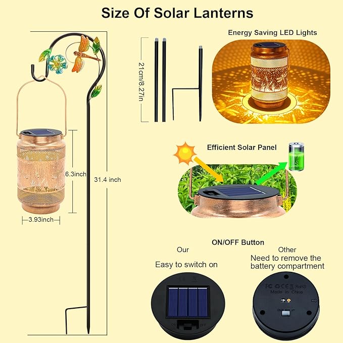 2 Pack Dragonfly Solar Lanterns Outdoor Waterproof Solar Garden Decor, Birthday Gifts for Christmas Women Mom Grandma, Metal Hanging Lights with Shepherd Hook for Outside Yard Patio Pathway Porch