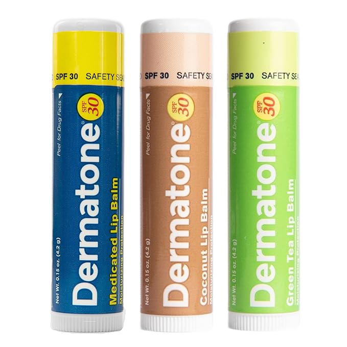 Dermatone Lip Balm Variety Pack | Moisturizing Lip Care | Soothe & Replenish Dry & Chapped Lips | SPF 30 | Aloe, Tea Tree Oil | 3-Pack (Coconut, Green Tea, Original)
