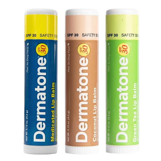 Dermatone Lip Balm Variety Pack | Moisturizing Lip Care | Soothe & Replenish Dry & Chapped Lips | SPF 30 | Aloe, Tea Tree Oil | 3-Pack (Coconut, Green Tea, Original)