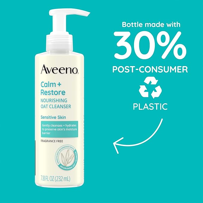 Aveeno Calm + Restore Nourishing Oat Cleanser, Daily Hydrating Facial Cleanser & Face Wash for Sensitive Skin, Non-Foaming, Hypoallergenic, Non-Comedogenic, Fragrance-Free, with Feverfew, 7.8 fl oz