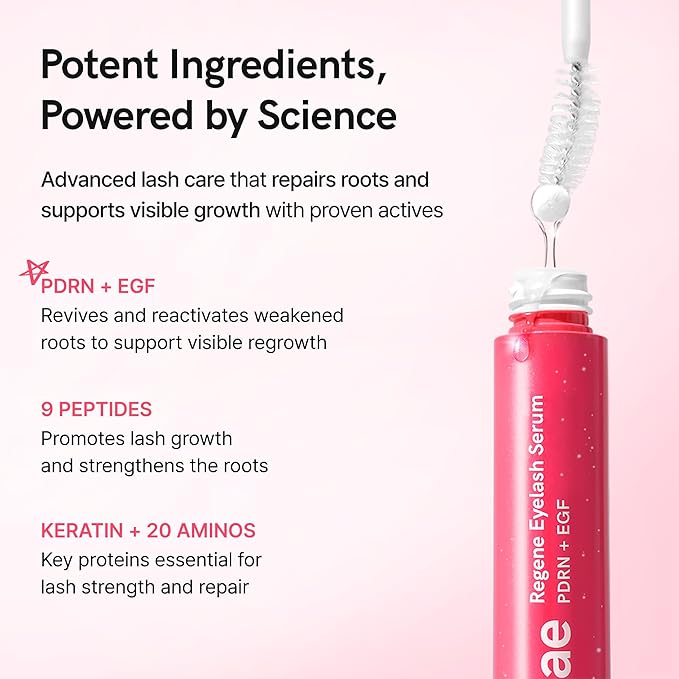 Lash Serum for Damaged, Thin or Extension-Weakened Lashes | PDRN, EGF, 9 Peptides, 20 Amino Acids,| Eyelash & Brow Growth Serum | Gentle Korean Formula, Prostaglandin-Free (0.3fl oz)