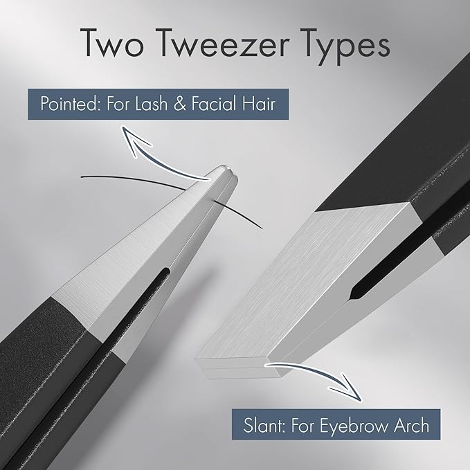 EZ2LIVE Tweezers for Women Facial Hair, Slant & Point Tip 2 Pack Eyebrow Tweezers for Men, Professional Tweezer Set Stainless Steel Precision Tweezers for Eyebrows, Splinter, Ingrown Hair Removal