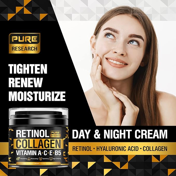 Retinol Face Cream – Natural Anti-Wrinkle Cream – Anti-Aging Facial Moisturizer with Collagen & Hyaluronic Acid - Hydrate, Renew and Protect Your Skin 1.7oz