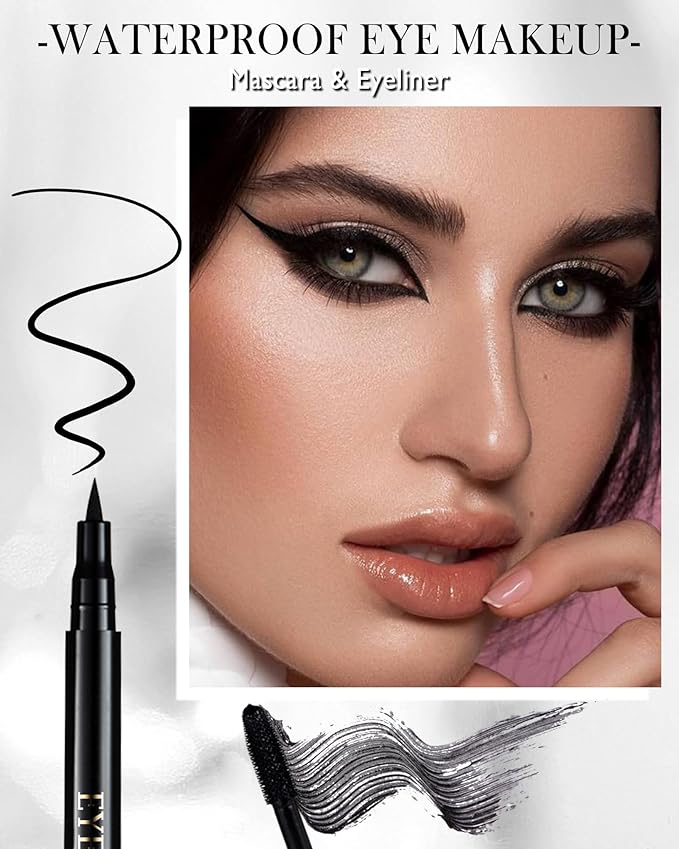 Black Waterproof Mascara & Eyeliner, 5D Silk Fiber Lash Extension Colored Tube Mascara Volume and Length,Long-Lasting Smudge-Proof Volumizing Colorful Máscara and Liquid Eyeliner Pen Set for Women