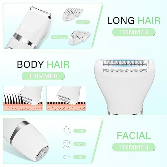 Bikini Trimmer for Women, 3-in-1 Electric Razors for Silk Skin, Wet/Dry Body Hair Shaver for Face Nose Eyebrow Arms Armpit Legs Pubic Area, Painless, IPX7 Waterproof, Ceramic Blade