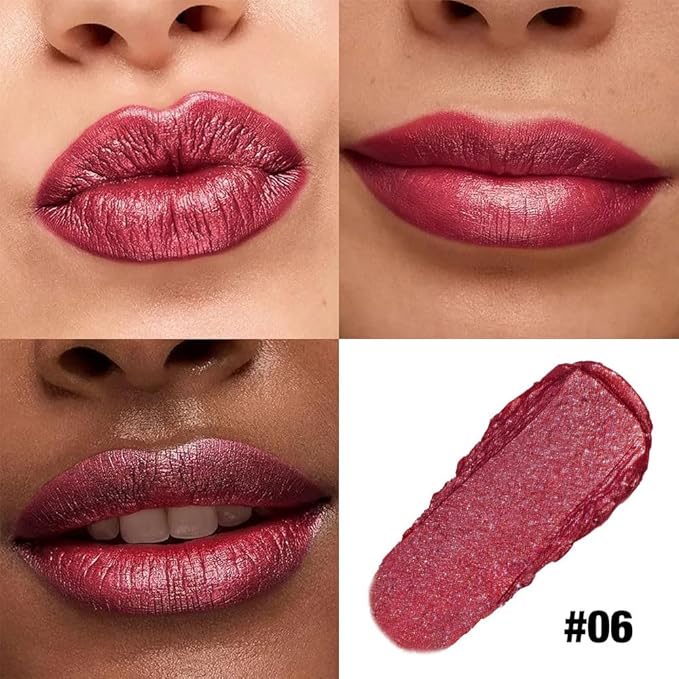 Wine Red Shimmer Metallic Moisturizing Glow Plumping Lipstick Makeup, Lipstick with Metallic 3D Shine Lightweight Hydrating Formula, Glitter Lip Gloss Stain Long Lasting Waterproof (06#Wine Red)