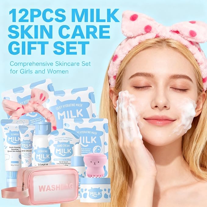 Milk Skincare Set for Kids & Teens,12 IN 1 Moisturizing & Gentle Milk Skin Care for Teens 10-12, Kids Skin Care Set for Girls Ages 8-12, Milk Extract Face Skincare for Girls 10-12,All Skin Types,12PCS