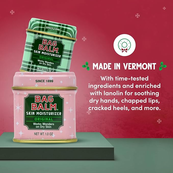 Bag Balm Mini Tin Gift Set – Bundle of 4 Limited Edition Tins (Red Star, Pink Star, Green Plaid, Red Plaid) – Multi-Use Moisturizing Balm for Dry Skin, Lips, Hands and Winter Hydration