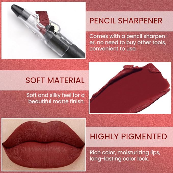 Wine Matte Lip Liner Crayon with Sharpener - Waterproof Smudgeproof Long-Wear Lip Pencil, Creamy Pigmented Lip Crayon for Women, 12HR Stay Silky Velvet Lip Liner 09#