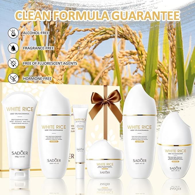 For SADOER Rice Niacinamide Skincare Set - 6 Piece Firming Skincare Kit with Cleanser, Toner, Lotion, Eye Cream, Face Cream & Serum for Daily Facial Care