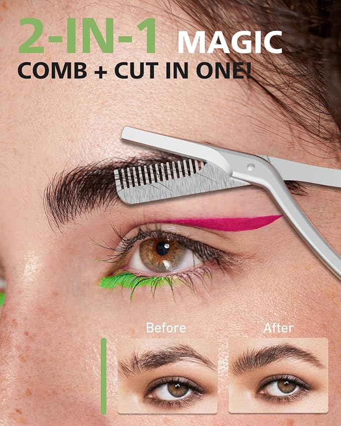 BALUCA Eyebrow Scissors with Comb | Professional Stainless Steel Eyebrow Trimmer for Women & Men | Dual-Design Precision Eye Brow Trimmer Scissors for Effortless Grooming, Silver (Silver)