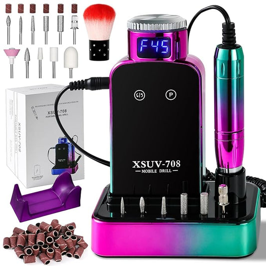 ANRLO Professional Electric Nail Drill, 45000 RPM Cordless Rechargeable E-File Machine, with 12 Bits, Sanding Bands, LCD Display for Acrylic Gel Nails (DMJTZ-708-Green-US)