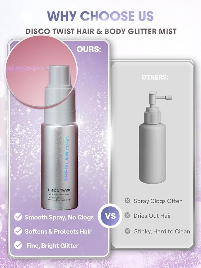 SHEGLAM Hair & Body Glitter Mist Spray - Shimmering Sparkle Makeup for Parties, Festivals, Cosplay, Halloween - Long Lasting, Non-Clogging, Easy Wash Off, 0.3 Fl Oz (Purple)