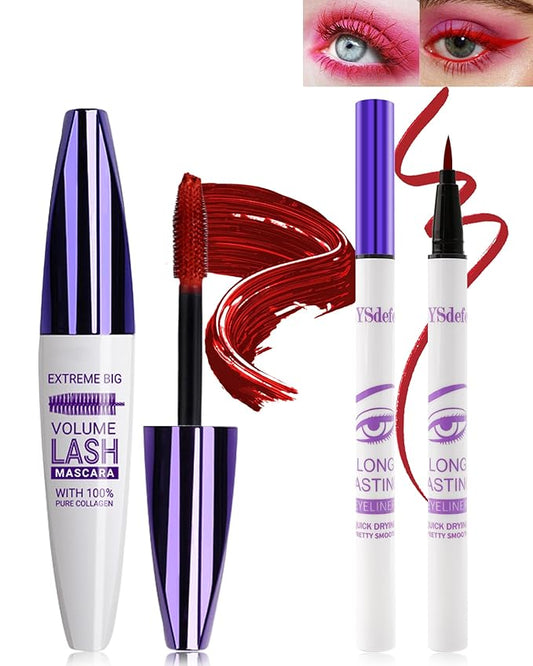 Red Mascara Liquid Eyeliner Set,5D Waterproof Fiber Colored Mascara Volume and Length,Longlasting Smudgeproof Color Eye Liner Pen,Cosplay Party Stage Use, Christmas Makeup Gift Kit for Women Girl
