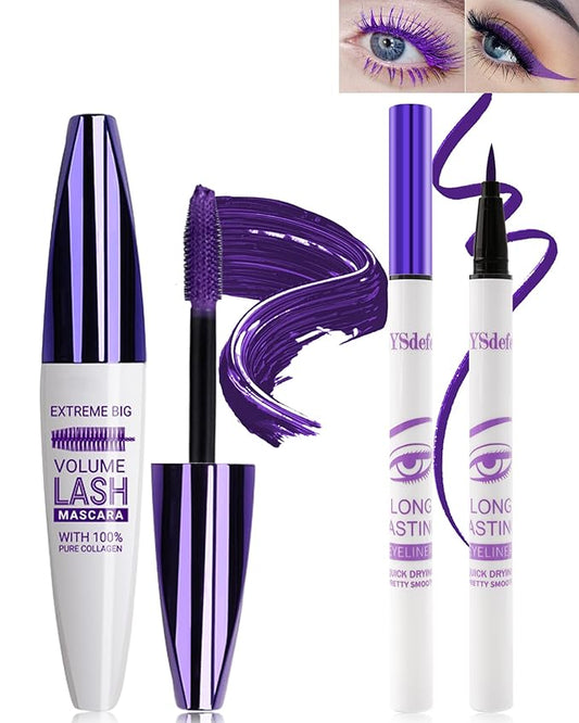 Purple Mascara & Liquid Eyeliner Set,5D Waterproof Silk Fiber Colored Mascara Volume and Length,Longlasting Smudgeproof Color Eye Liner Pen,Christmas Colorful Eye Makeup Gift Kit for Women Girl-05