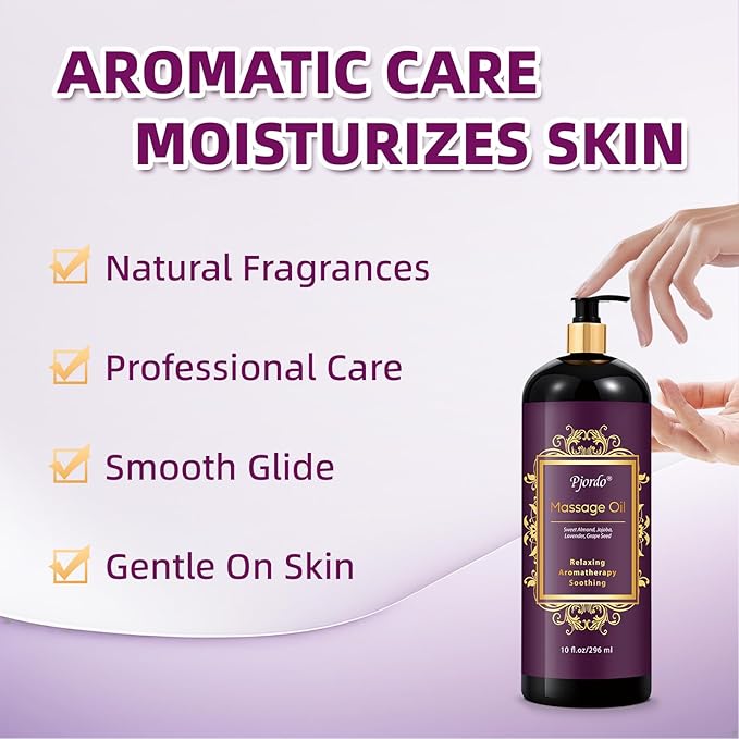 Pjordo Aromatherapy Lavender Massage Oil, Massage Oil for Massage Therapy, Calming, Soothing, Relaxing, Spa Gifts for Him Her, 10 Fl Oz, Valentines Day Gifts for Women Men