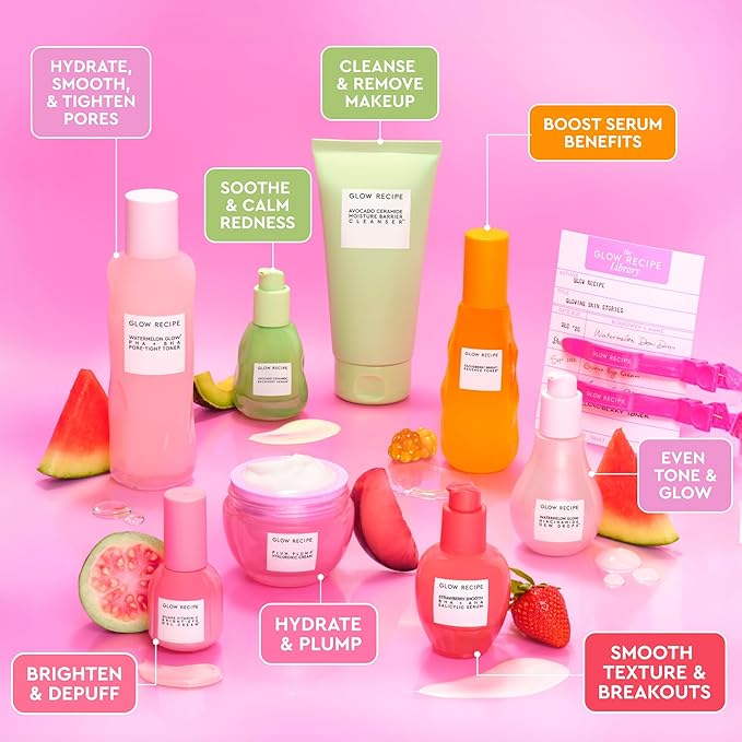 Glow Recipe Library Skincare Gift Set - Avocado Face Wash + Face Serum + Facial Toner + Guava Eye Cream + Hyaluronic Acid Moisturizer + Dew Drops + Strawberry Smooth Serum + 2 Hair Clips (10 Count)