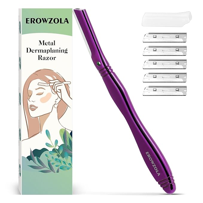 EROWZOLA Eyebrow Razor for Women and Men, Face Razors for Women, Dermaplane Razor with Protective Silicone Cover, Reusable Metal Handle with 6 Refill Blades, Skin Care Tool - Purple
