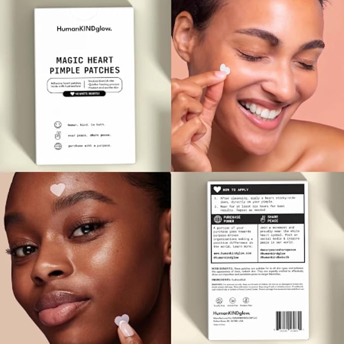 Heart Pimple Patches by HumanKINDglow – 48 Hydrocolloid Acne Patches for Face | Gentle Spot Treatment for Pimples & Blemishes | Cute White Heart Design for Confident, Kind Skin