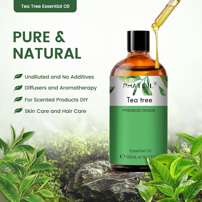 PHATOIL Pure Tea Tree Essential Oil, 100% Pure Therapeutic Grade Premium Oil for Hair Care, Nail Care, Skin Care, Aromatherapy 3.38Fl Oz