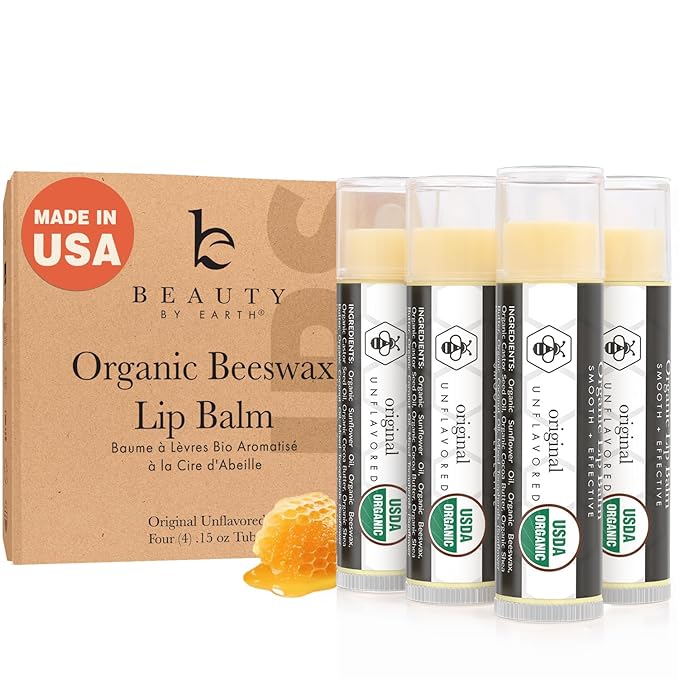 USDA Organic Lip Balm - USA Made with Natural Ingredients, 4 Pack Unflavored Chapstick for Dry Lips, Birthday Gifts for Her & Him, Lip Balm Hydrating Beauty Gifts, Lip Moisturizer, Mens Gift Ideas
