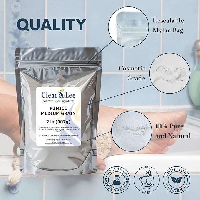 ClearLee Cosmetic Grade Pumice - 100% Pure Natural Grain/Powder - Great For Skin Exfoliation in DIY Soaps, Masks, Scrubs for Face, Body, Foot (2lb, Medium Grain)