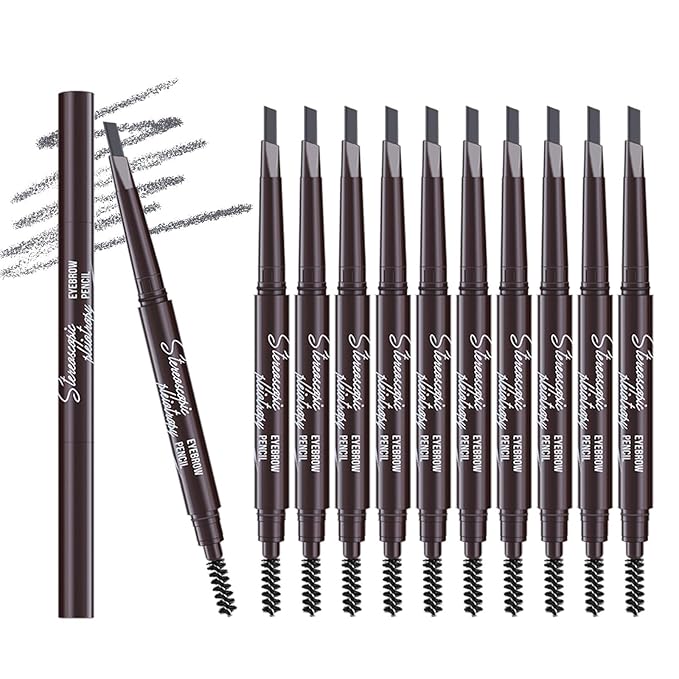 Berinist 12pcs Grey Waterproof Eye Brow Pencils for Women, Retractable Dual-End Eyebrow Pencil with Brush, Triangular Tip Design, Easier to Define and Fill in Eyebrows for Natural Brow Shape