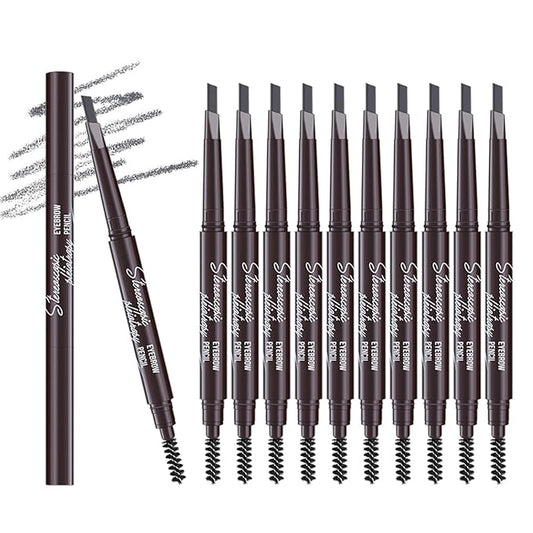 Berinist 12pcs Grey Waterproof Eye Brow Pencils for Women, Retractable Dual-End Eyebrow Pencil with Brush, Triangular Tip Design, Easier to Define and Fill in Eyebrows for Natural Brow Shape