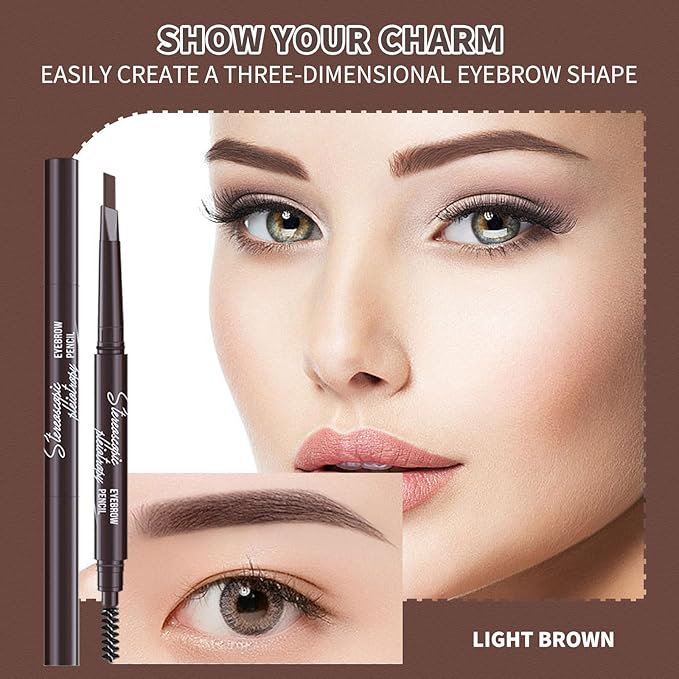 Berinist 12pcs Light Brown Waterproof Eye Brow Pencils for Women, Retractable Dual-End Eyebrow Pencil with Brush, Triangular Tip Design, Easier to Define and Fill in Eyebrows for Natural Brow Shape