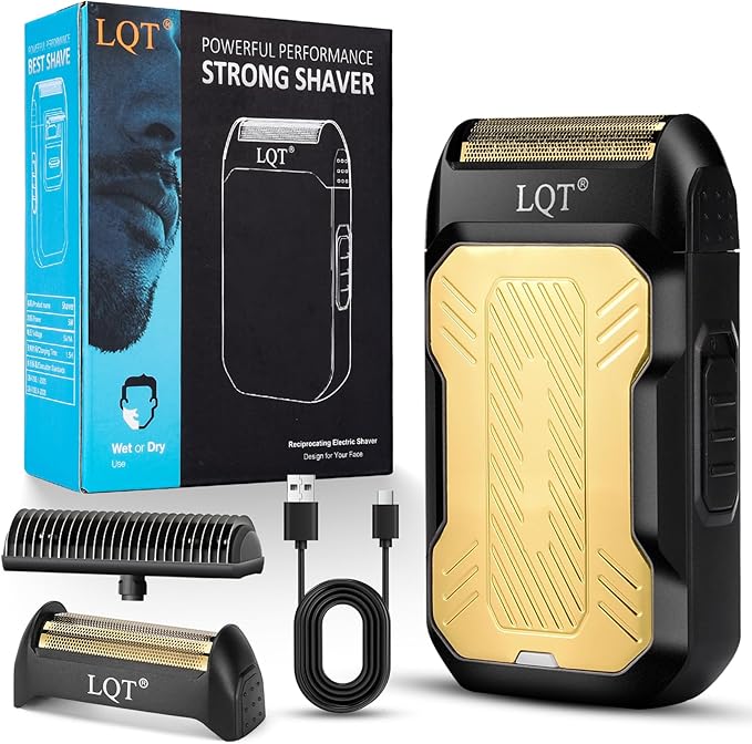 LQTⓇ Mini Foil Shaver, Portable Cordless Electric Shaver for Men, Equipped with a Set of Replacement Heads, USB-C Charging Cable, and Cleaning Brush, Suitable for Travel and Home use. (Golden)