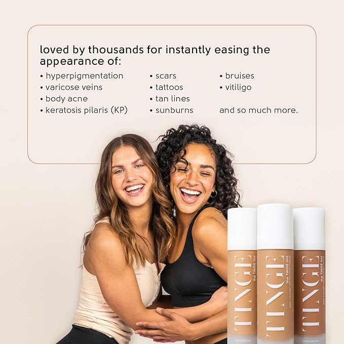 Tinge Tint Body Makeup, Water and Transfer Resistant Up to 48 Hours, Buildable Medium Coverage Body Foundation or Bronzer with Amino Acids, Tattoo Cover Up Makeup, 3.38 FL Oz - Deep Warm
