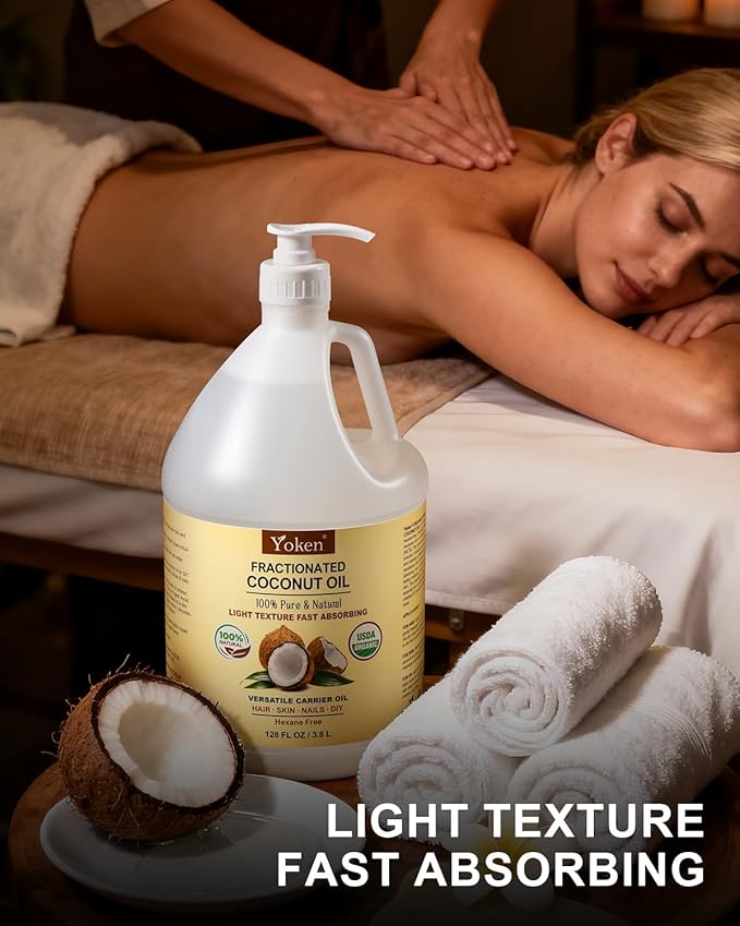 Yoken USDA Organic Fractionated Coconut Oil, 1 Gallon (128 Fl Oz), Liquid Coconut Oil for Massage & Bulk Use, Professional Body & Carrier Oil, Unscented, Hexane Free