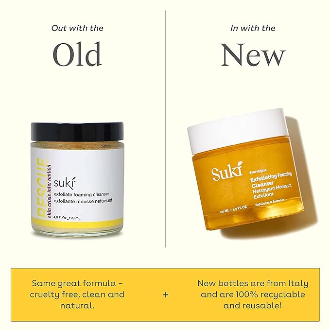 Suki Skincare Exfoliate Foaming Cleanser - With Natural Sugar & Colloidal Oat - Facial Exfoliator & Mechanical Exfoliant that Reduces Dry Skin Buildup While Promoting Radiant, Smooth, Soft Skin - 4 oz