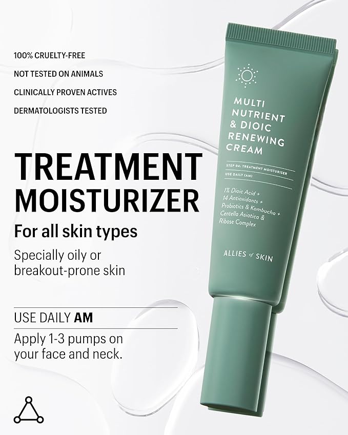 Allies of Skin Multi Nutrient & Dioic Renewing Face Cream | Balance and Hydrate Acne Prone Skin with Kombucha & Probiotics | Calm Redness, Breakouts and Even Skin Tone | 1.7 fl oz