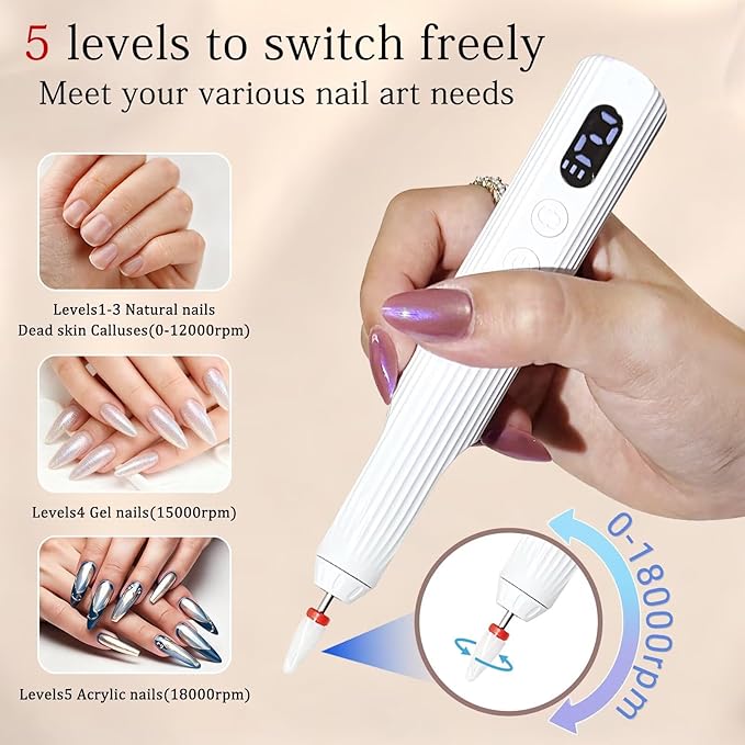Professional Electric Nail Drill with UV Light, Cordless 18000RPM Rechargeable File for Acrylic Gel Dip Nails, Manicure Pedicure Polishing, Shaping & Gel Removal for Home Salon and Travel (White)