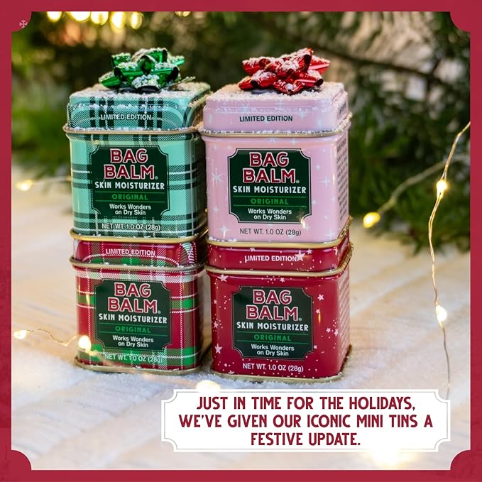 Bag Balm Mini Tin Gift Set – Bundle of 4 Limited Edition Tins (Red Star, Pink Star, Green Plaid, Red Plaid) – Multi-Use Moisturizing Balm for Dry Skin, Lips, Hands and Winter Hydration