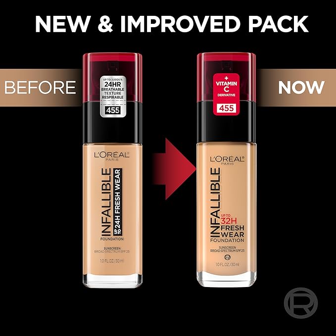 L'Oreal Paris Makeup Infallible Up to 32 Hour Fresh Wear Lightweight Foundation, 465 Sand, 1 Fl Oz, Packaging May Vary