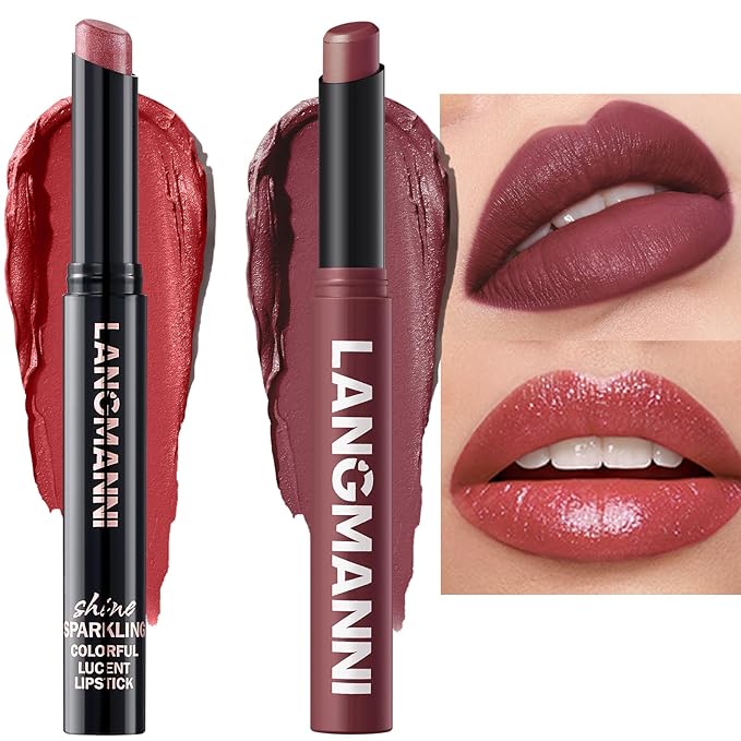 Jolilab 2Pcs Glitter Lip Kit - Velvet Matte & Nude Matte Lipstick + Glitter Lip Gloss/Glitter Lipstick High Pigmented Long-Lasting Waterproof Beauty Cosmetics Gift for Women Girls(#05+12)