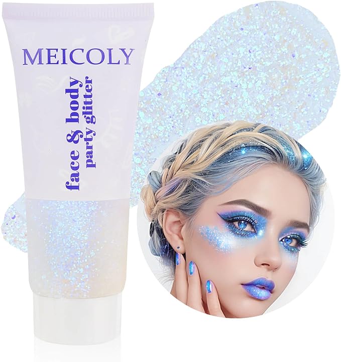 MEICOLY Sparkling Blue Body Glitter,Halloween Face Glitter,Color Changing Glitter Gel for Body,Face,Hair,Lip,Eye,Long Lasting Sequins Glitter Face Paint,Festival Party Glitter Makeup,50ml