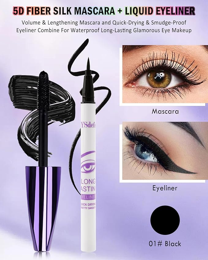Black Mascara Liquid Eyeliner Set,5D Waterproof Fiber Colored Mascara Volume and Length,Longlasting Smudgeproof Color Eye Liner Pen,Cosplay Party Stage Use, Christmas Makeup Gift for Women Girl-01