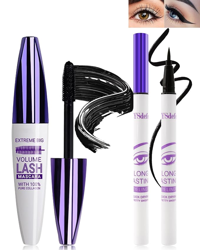 Black Mascara Liquid Eyeliner Set,5D Waterproof Fiber Colored Mascara Volume and Length,Longlasting Smudgeproof Color Eye Liner Pen,Cosplay Party Stage Use, Christmas Makeup Gift for Women Girl-01