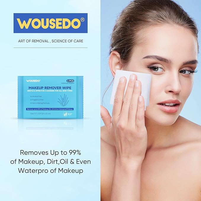 WOUSEDO 48 Count Makeup Remover Wipes, Bulk Gentle Cleansing Facial Towelettes, Individually Wrapped Travel Size,Alcohol-Free & Hypoallergenic for All Skin Types