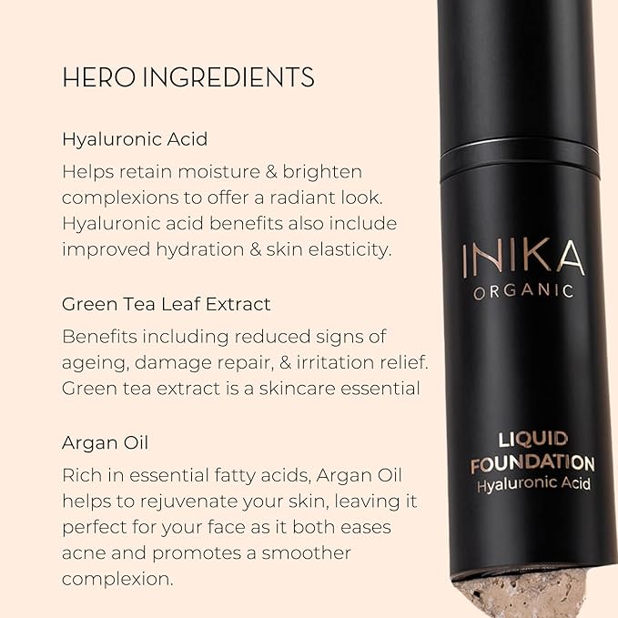 INIKA Organic Full Coverage Liquid Foundation Makeup with Hyaluronic Acid and Argan Oil, Vegan and Organic Foundation for Skin Elasticity and Plumpness, Natural Coverage, Beige, 30ml