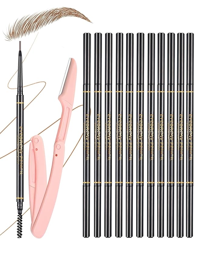SUMEITANG Medium Brown Eyebrow Pencils for Women, 12Pcs Ultra Slim Eyebrow Pencil with 2 Brow Razors Kit, Double Head 1.5mm Micro-Fine Tip & Spiral Brush, Can Draw Fine and Long-Lasting Brows Makeup