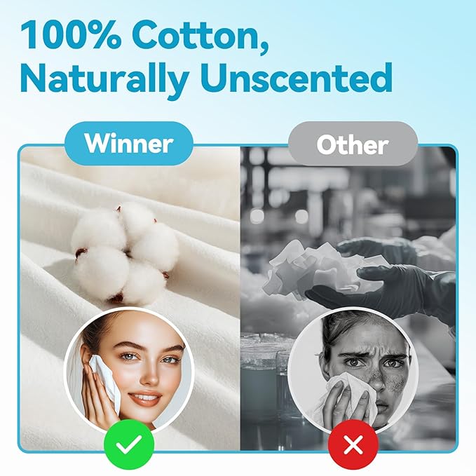 Winner Soft Face Towels, Upgraded Thicker 100% Cotton Dry Wipes, Unscented and Gentle on Sensitive Skin, Disposable Makeup Remover and Facial Towelettes (240 Count, Pack of 3)
