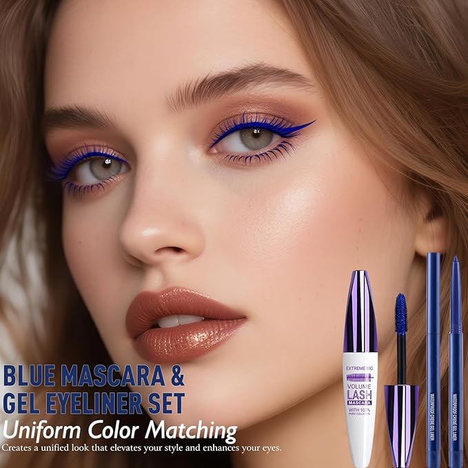 Blue Mascara Eyeliner Pencil Set, 5D Colored Mascara Volume Length Smudge-Proof Smooth Shine Gel Eye Liner Pen Waterproof Natural Curling for Eyelashes Makeup for Women