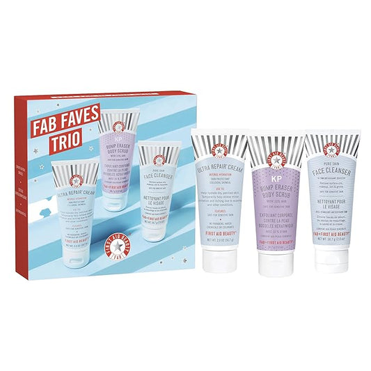 First Aid Beauty FAB Faves Trio: Cleanse & Hydrate Dry, Distressed Skin with Travel Size Essentials, KP Bump Eraser Body Scrub with 10% AHA, Ultra Repair Cream & Pure Skin Face Cleanser (2 oz, 3ct)
