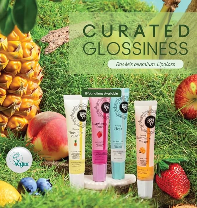 Rosee Lip Gloss Vegan & Cruelty Free Treatment, Professional Make up, Long Lasting Glossy with Shea Butter, Moisturize, Protect & Smooth, High Shine, Non-Sticky (s. Sweet Banana, 0.5)